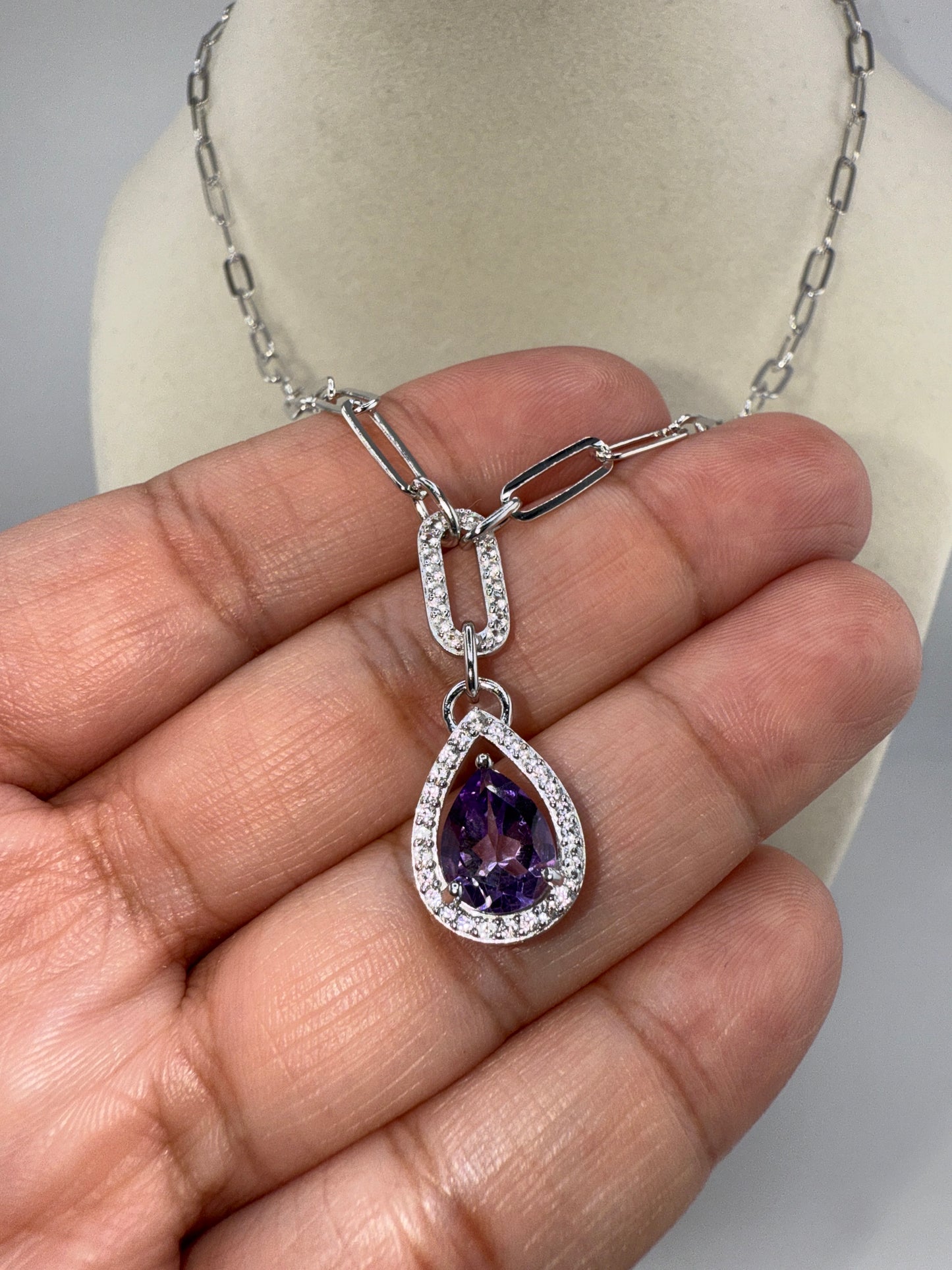 Sterling Silver Pearshaped 7x9 Amethyst & White Topaz Paperclip Necklace