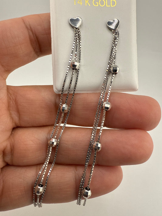 14k White Gold Dangle Post Earrings with heart and disco ball details