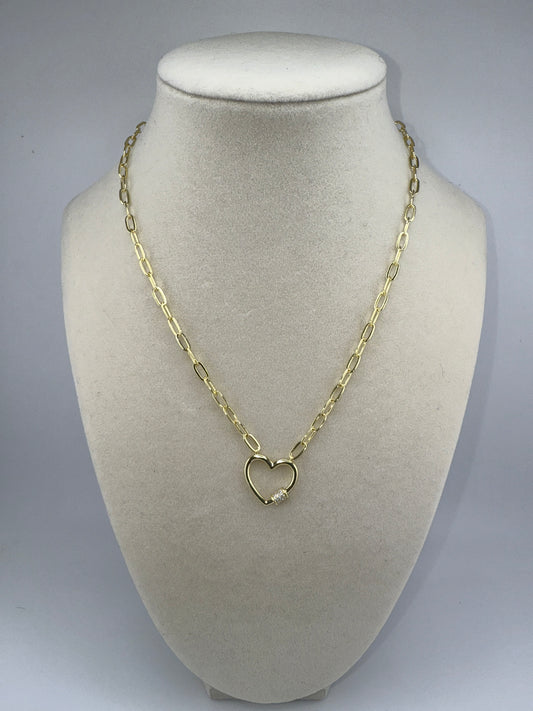Gold Plated Sterling Silver Micro Pave Zirconia Heart Carabiner Paperclip Necklace
