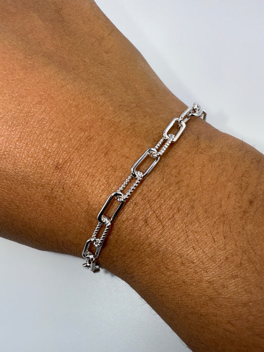 Sterling Silver Polished & Rope Design Paperclip Bracelet