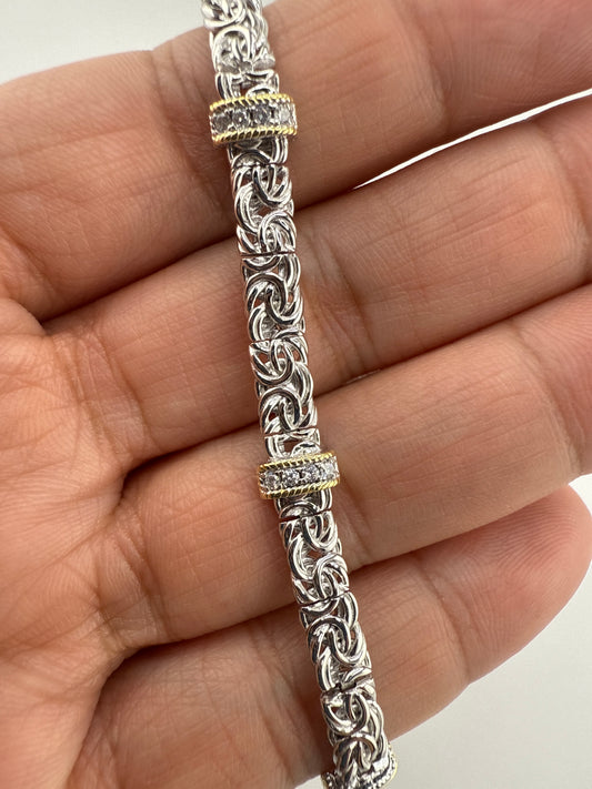 Sterling Silver Byzantine Design Zirconia Bracelet - Two-Tone