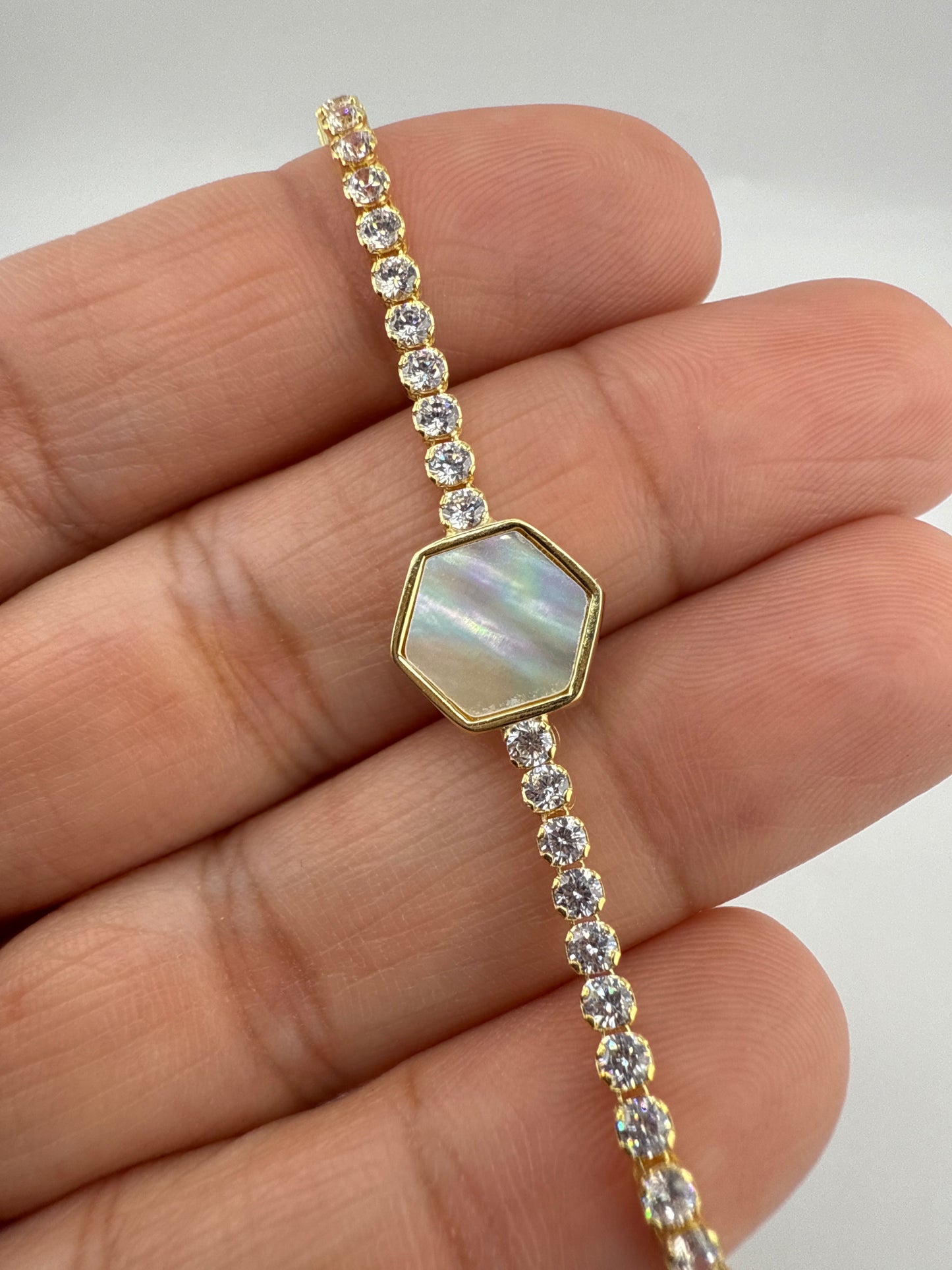 Sterling Silver, Hexagon MOP Center, Zirconia Adjustable Bolo Bracelet - Gold Plated