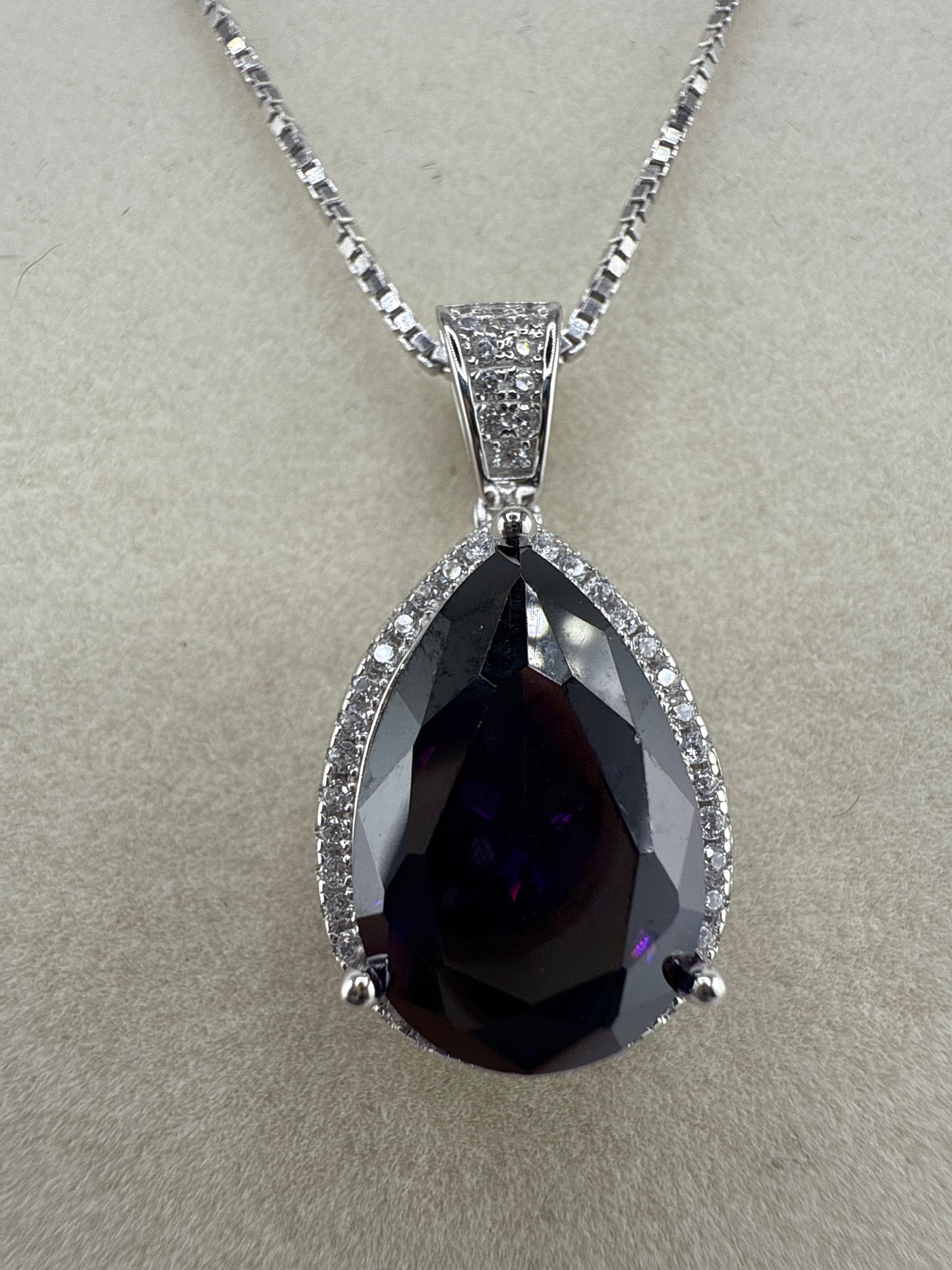 Sterling Silver Zirconia and Pear-shaped Amethyst Swarovski Element Halo Necklace with Box Chain