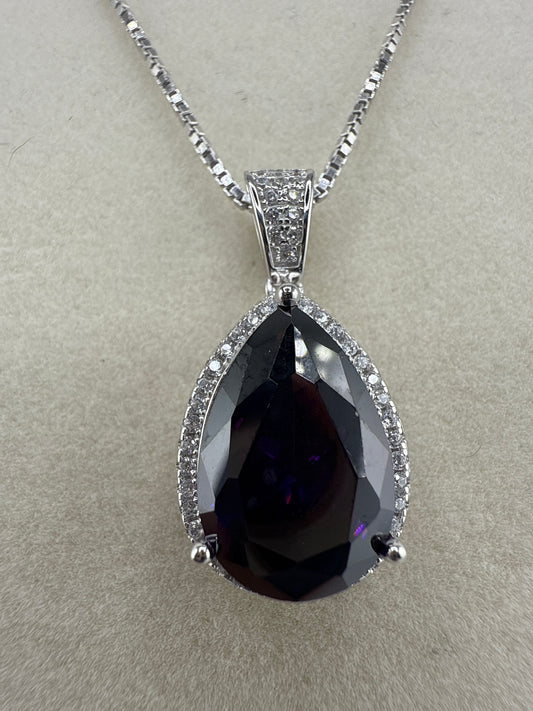 Sterling Silver Zirconia and Pear-shaped Amethyst Swarovski Element Halo Necklace with Box Chain