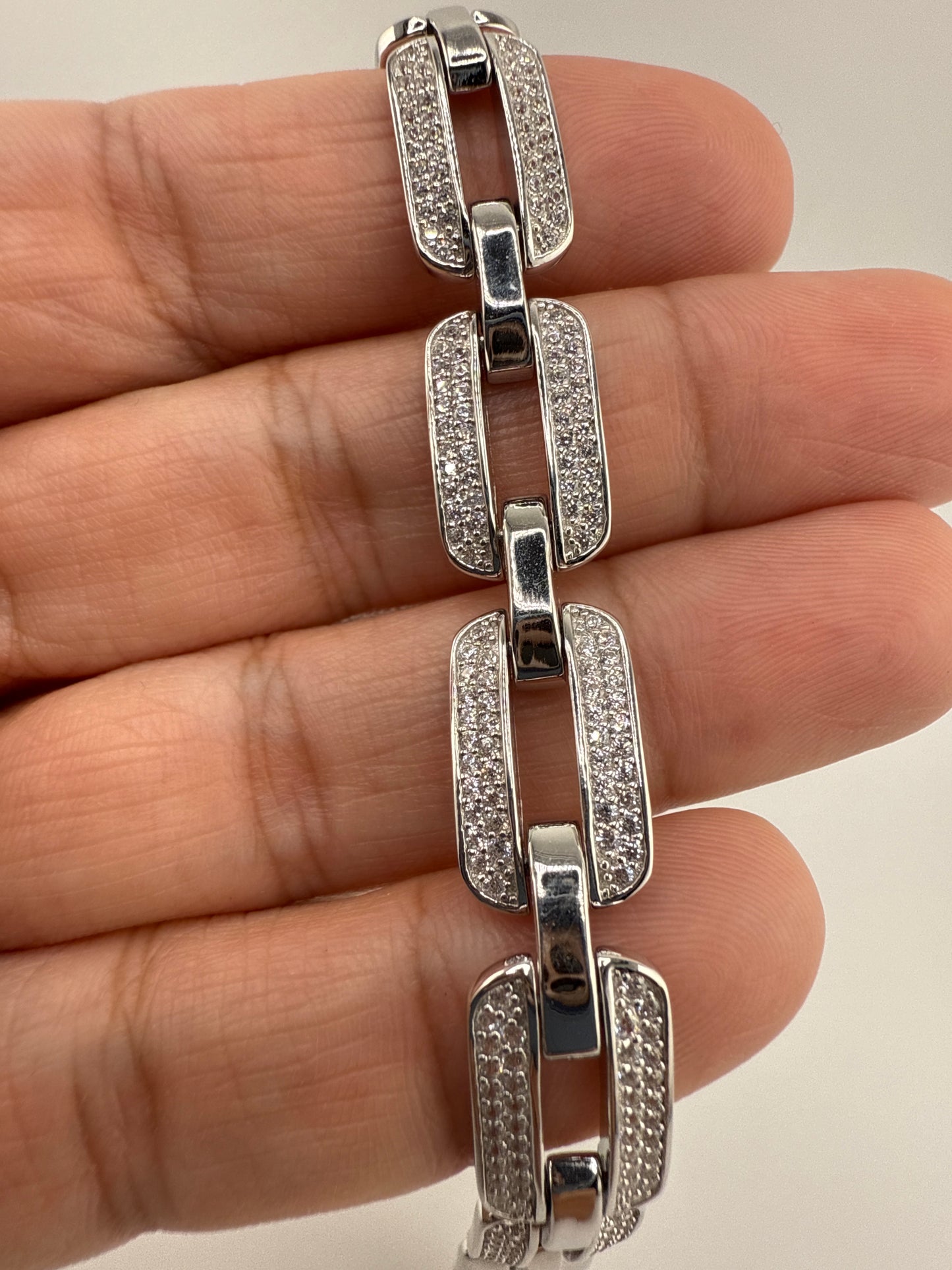 Sterling Silver Wide Zirconia Linked Bracelet