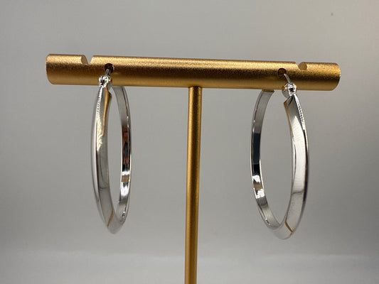 Sterling Silver 36mm Flat Hoop Earrings - Rhodium Plated