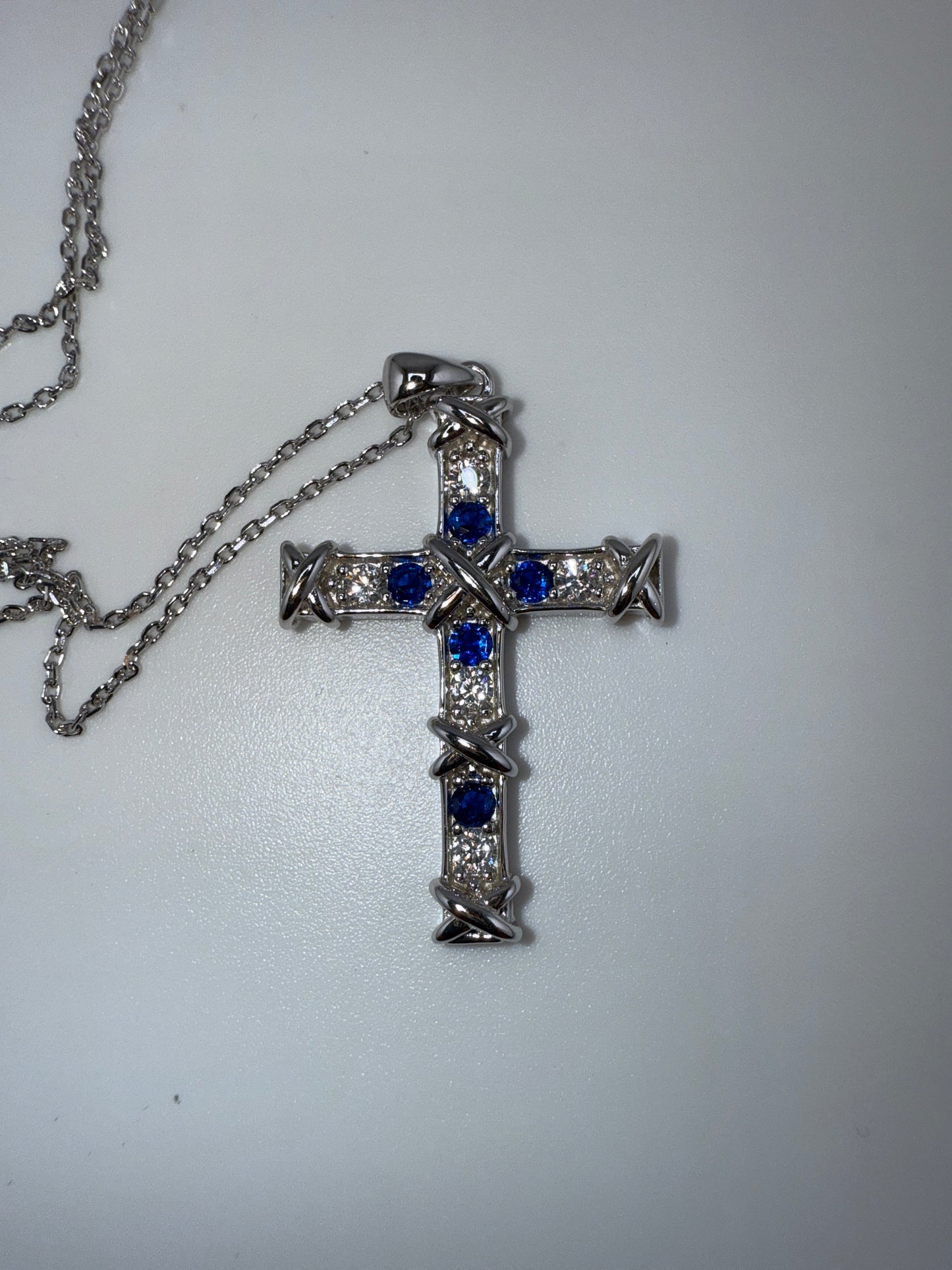 Sterling Silver Zirconia and Sapphire Cross Necklace