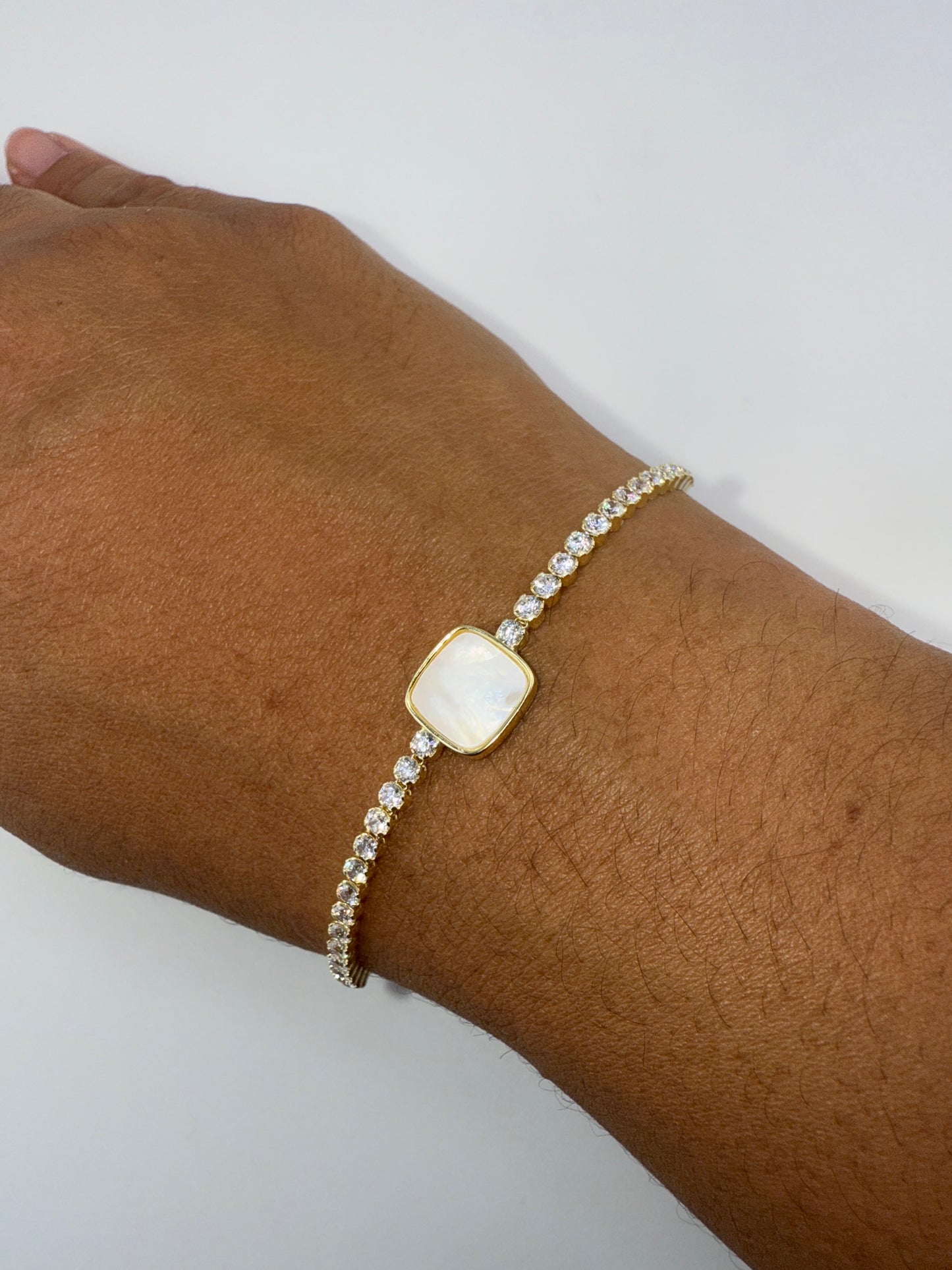 Sterling Silver, Square MOP Center, Zirconia Adjustable Bolo Bracelet - Gold Plated