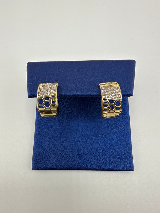 14k yellow gold and zirconia huggie earrings, honeycomb design