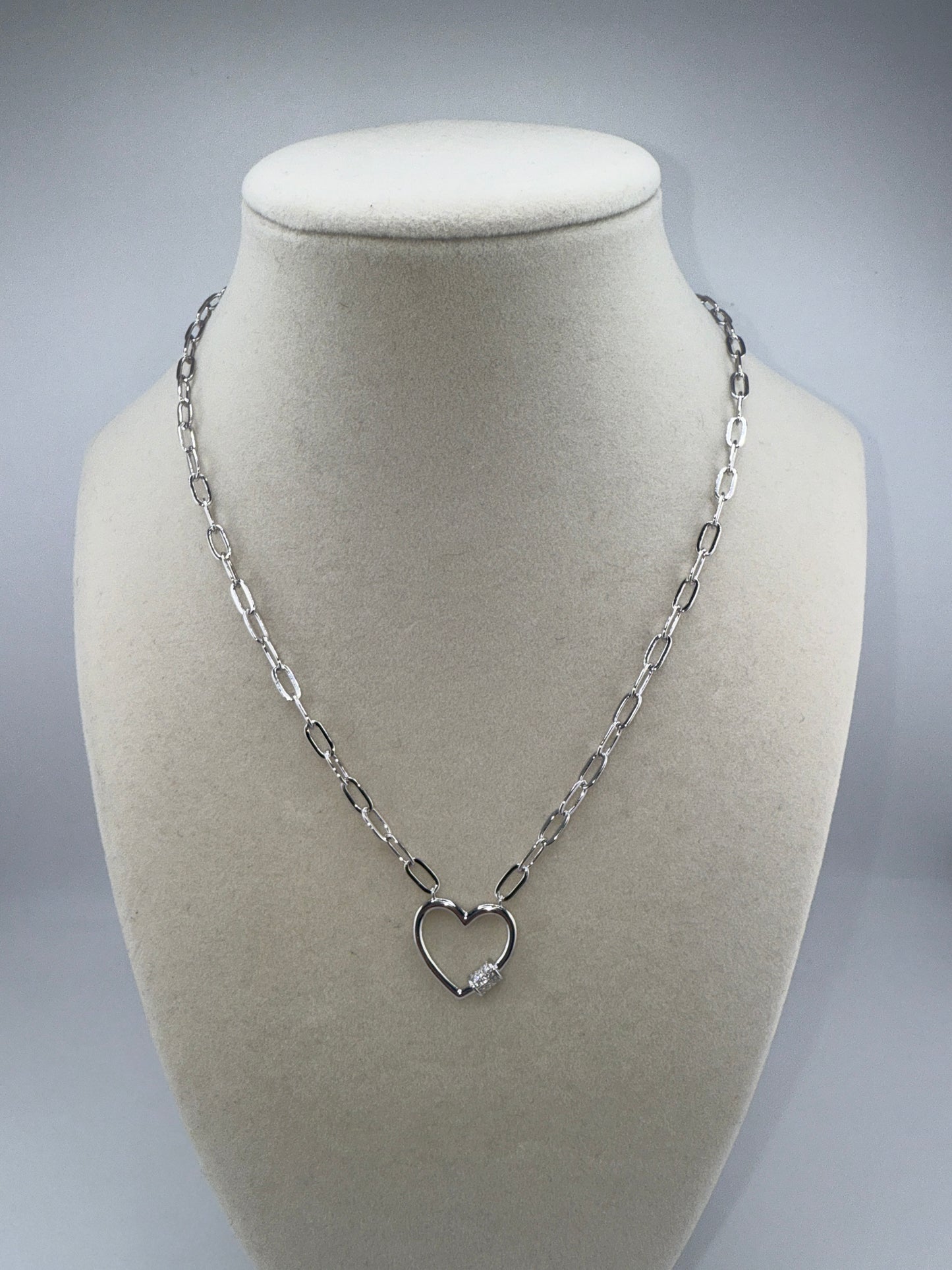 Sterling Silver Micro Pave Zirconia Heart Carabiner Paperclip Necklace