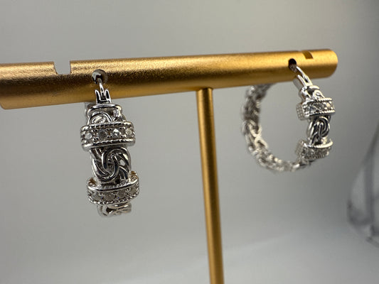 Sterling Silver 22mm Byzantine Design Zirconia Hoop Earrings