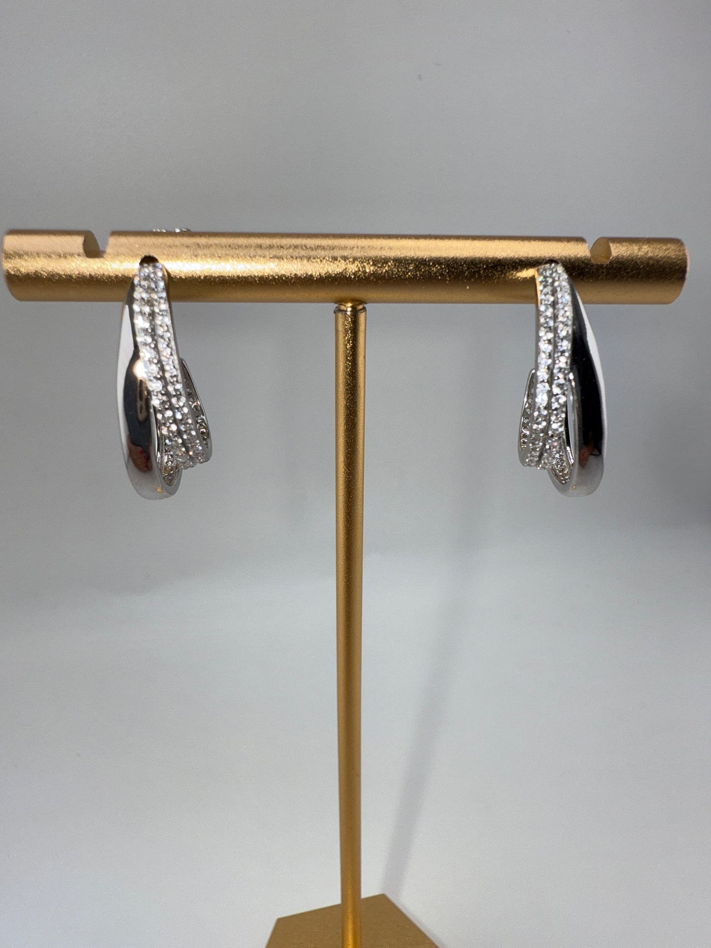 Sterling Silver, Triple Row Zirconia & Polished Half Hoop Earrings