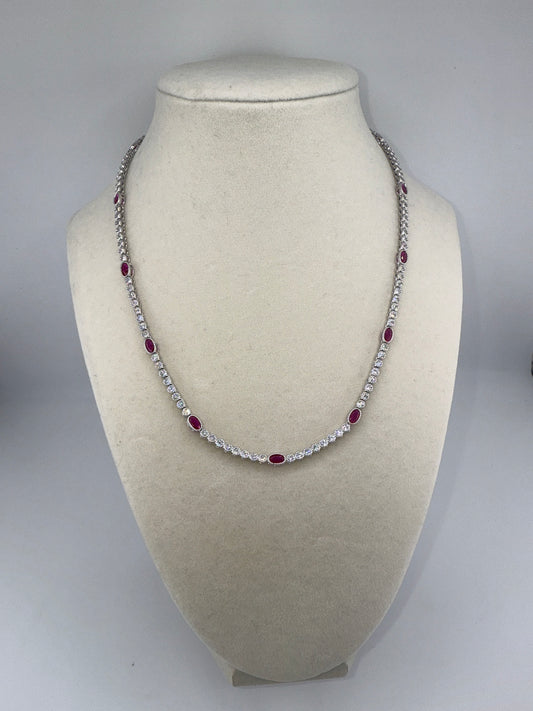 Sterling Silver Beaded Outline Oval & Round Zirconia Tennis Necklace - Ruby