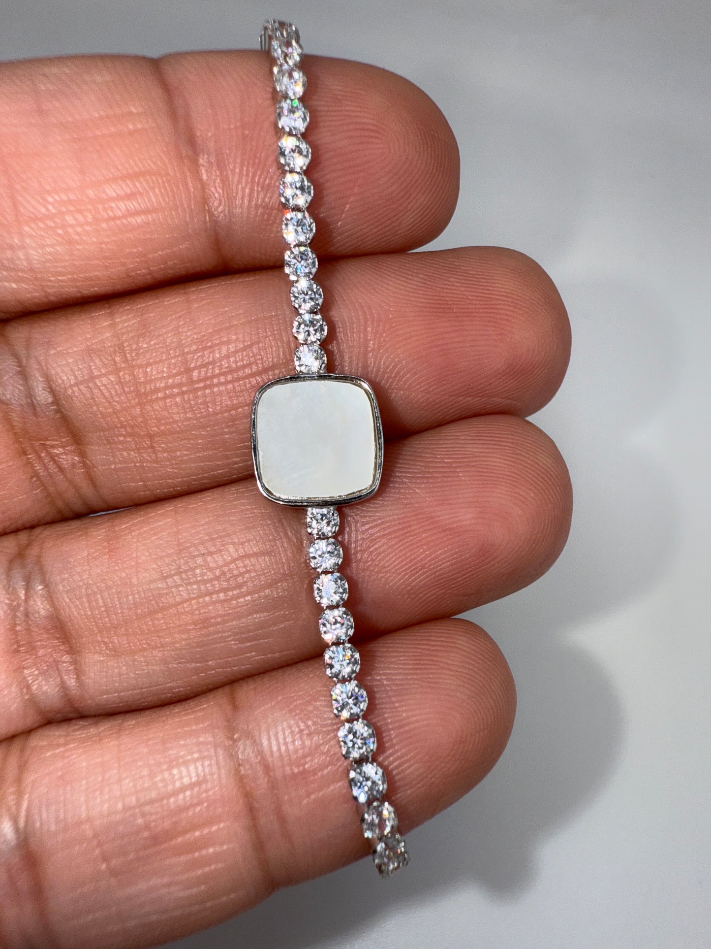 Sterling Silver, Square MOP Center, Zirconia Adjustable Bolo Bracelet