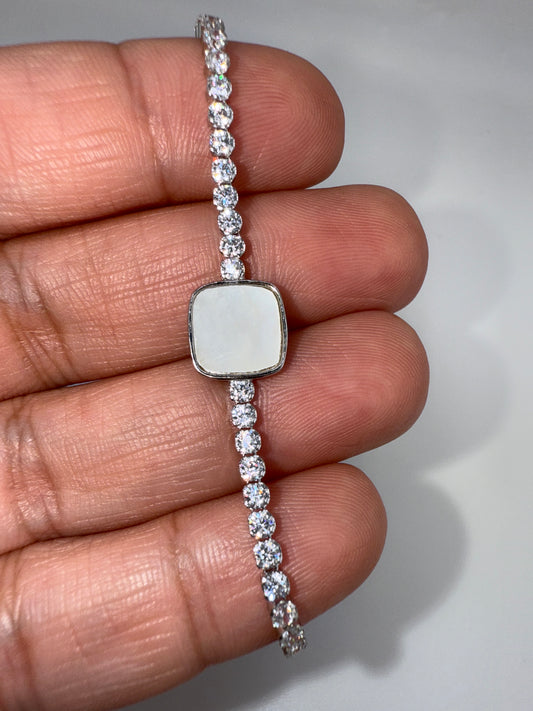 Sterling Silver, Square MOP Center, Zirconia Adjustable Bolo Bracelet