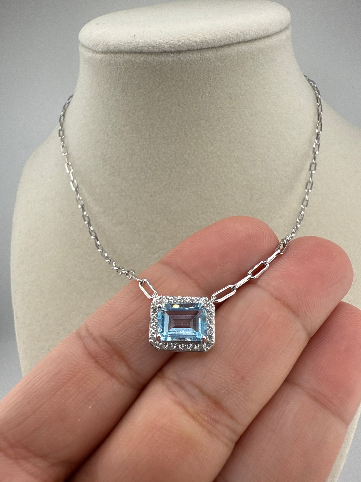 Sterling Silver Rectangle 6x8 Blue Topaz, White Topaz Border, Paperclip Necklace