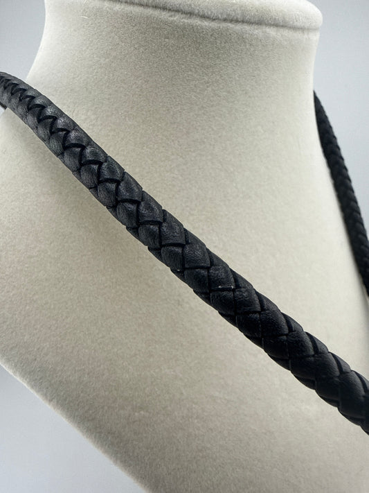 Stainless Steel Polished Woven Black or Brown Leather 19.5 inch Necklace