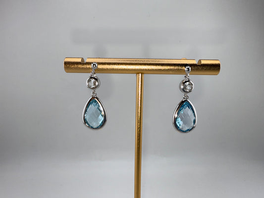 Sterling Silver, White Topaz & Gemstone Teardrop Earrings - Blue Topaz