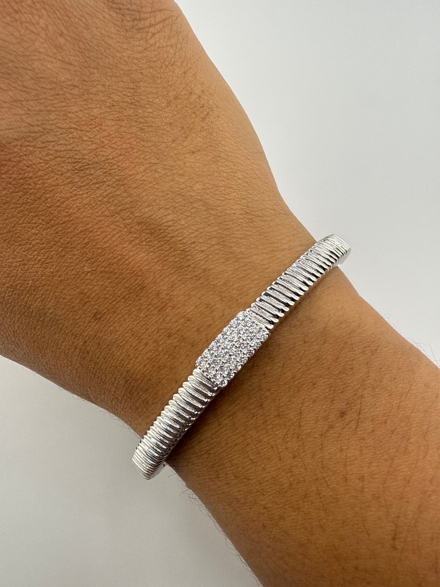 Sterling Silver Rectangle Pave Zirconia Bangle