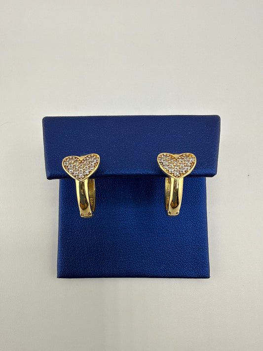 14k yellow and zirconia heart huggie earrings