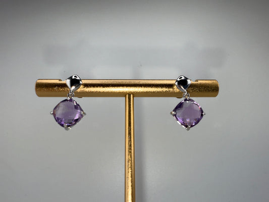 Sterling Silver, Four-Prong Square Cushion-Cut Gemstone Earrings - Amethyst