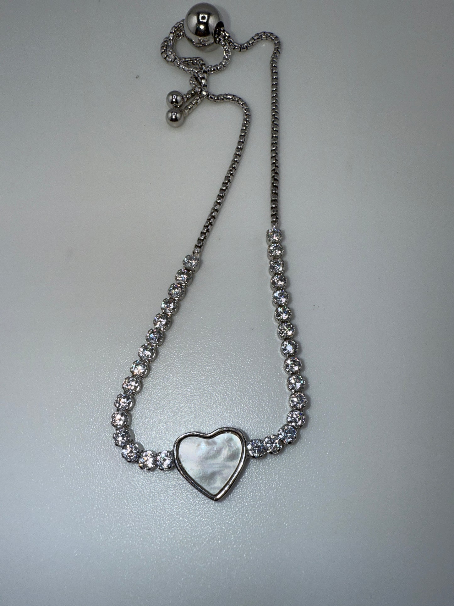 Sterling Silver Heart MOP Center Zirconia Adjustable Bolo Bracelet