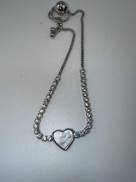 Sterling Silver Heart MOP Center Zirconia Adjustable Bolo Bracelet