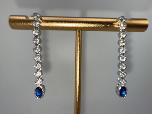 Sterling Silver Beaded Outline Oval & Round Zirconia Earrings - Sapphire