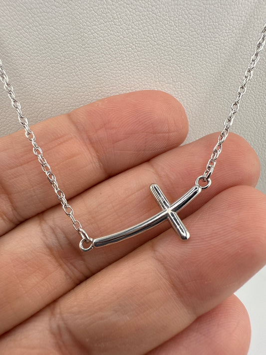Sterling Silver Rhodium-plated Large Sideways Curved Cross Pendant and Chain