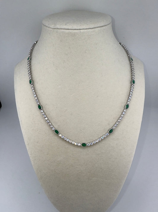 Sterling Silver Beaded Outline Oval & Round Zirconia Tennis Necklace - Emerald