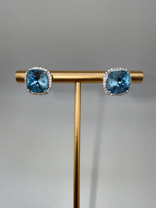 Sterling Silver, Zirconia, and 10mm Cushion Square Aqua Swarovski Element Earrings