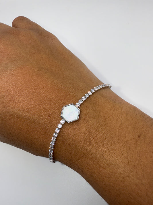 Sterling Silver, Hexagon MOP Center, Zirconia Adjustable Bolo Bracelet