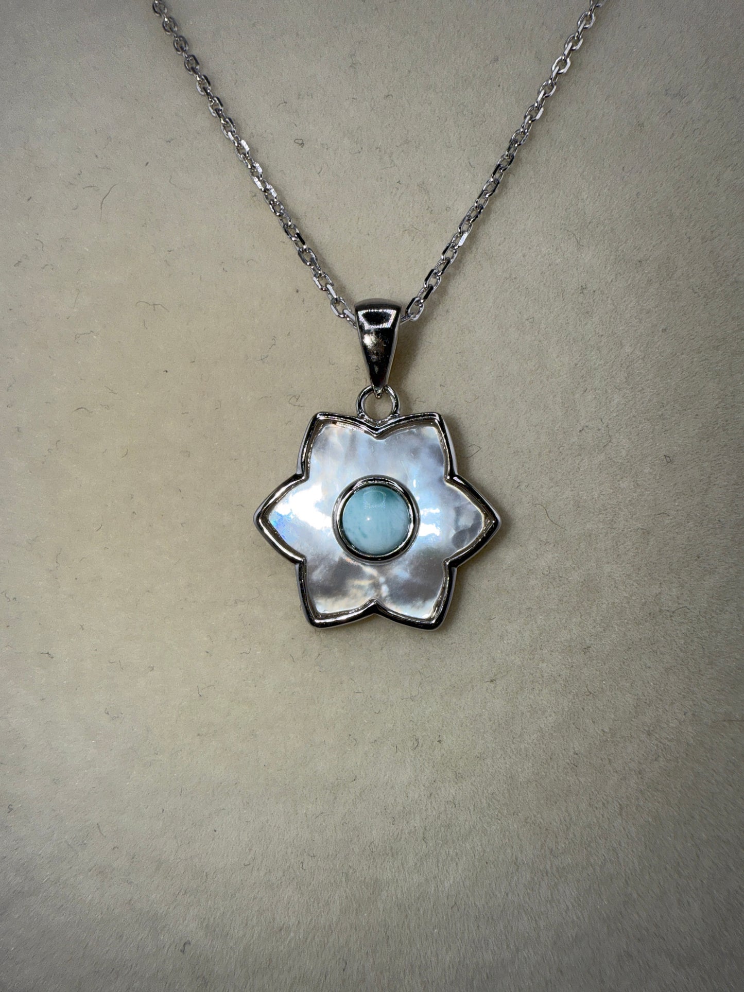 Sterling Silver Larimar & MOP Flower Necklace