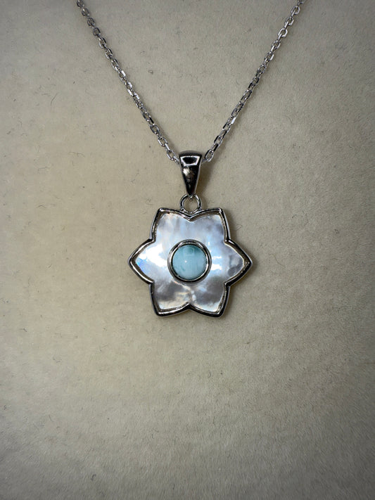 Sterling Silver Larimar & MOP Flower Necklace