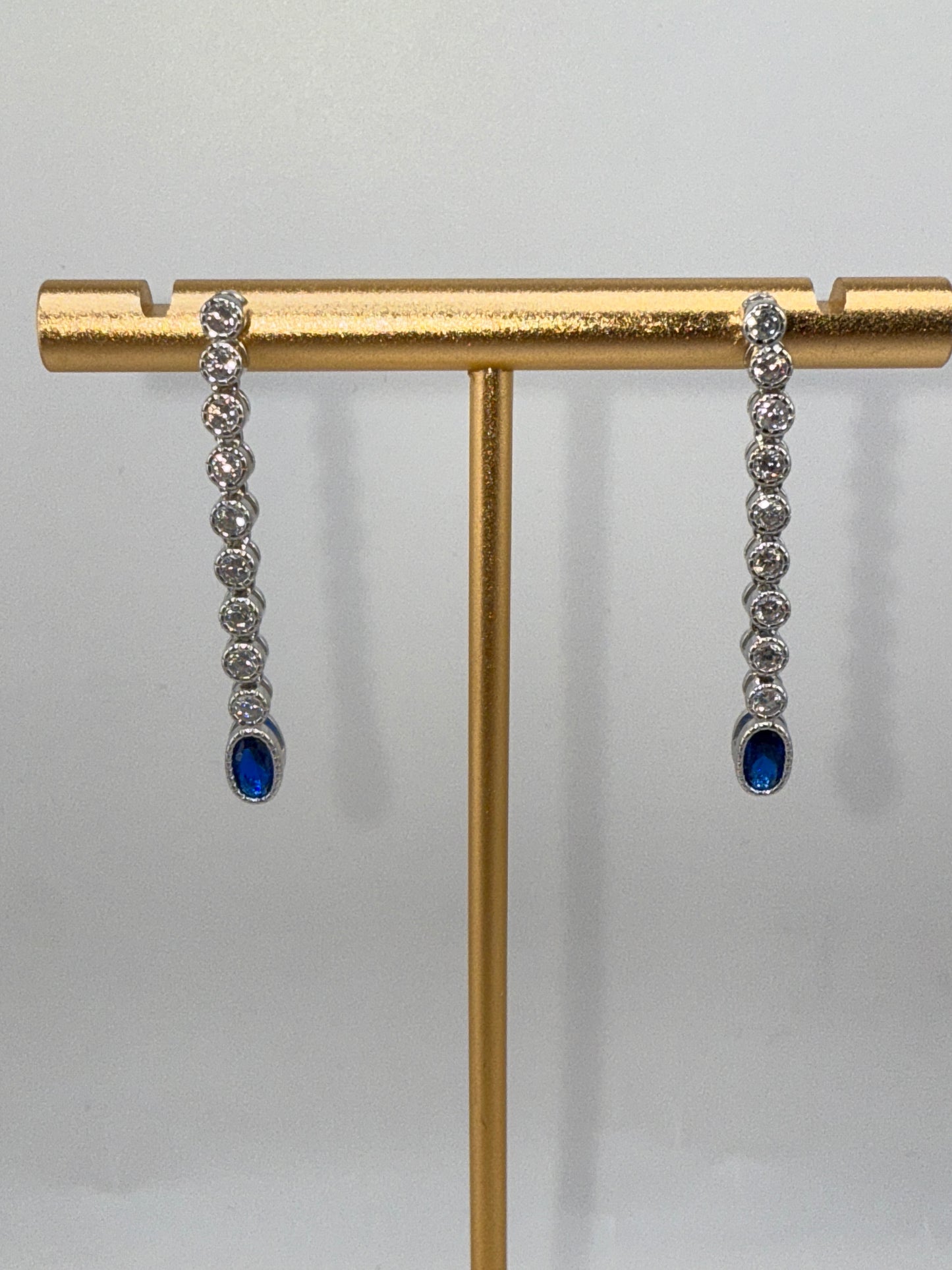 Sterling Silver Beaded Outline Oval & Round Zirconia Earrings - Sapphire