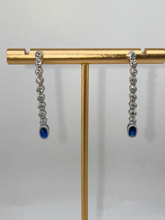 Sterling Silver Beaded Outline Oval & Round Zirconia Earrings - Sapphire