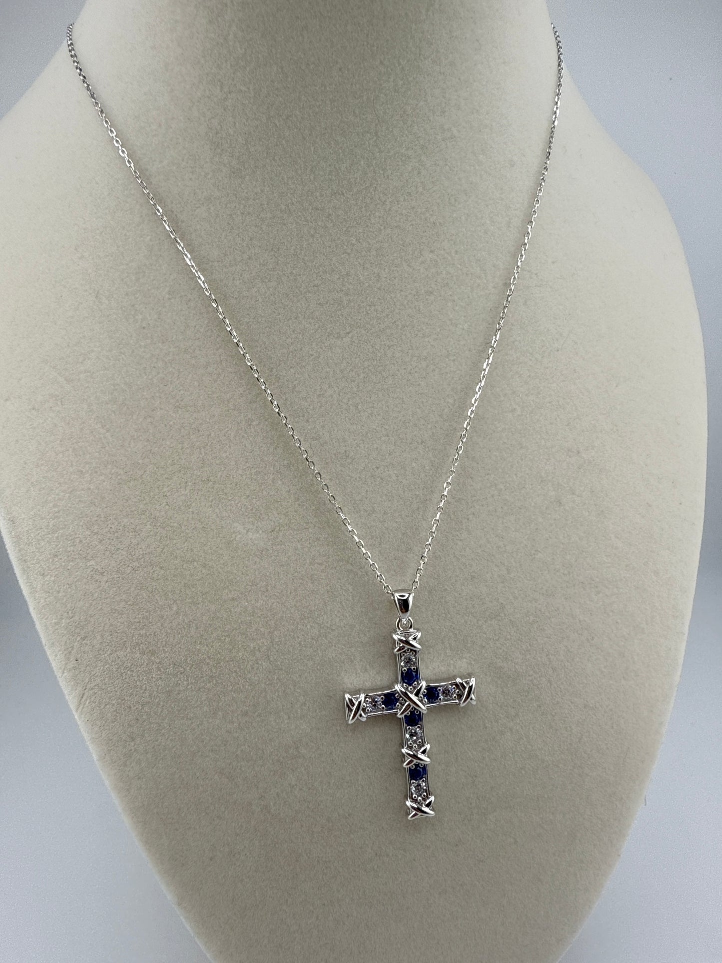 Sterling Silver Zirconia and Sapphire Cross Necklace