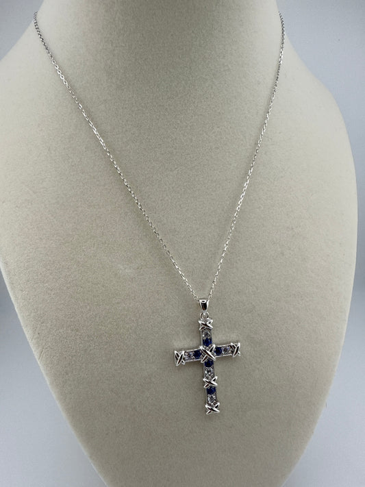 Sterling Silver Zirconia and Sapphire Cross Necklace
