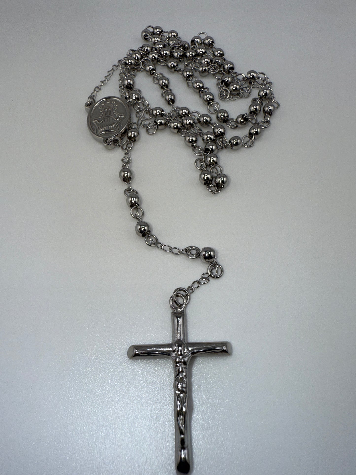 Stainless Steel Polished 4mm Beaded 25in Rosary Necklace