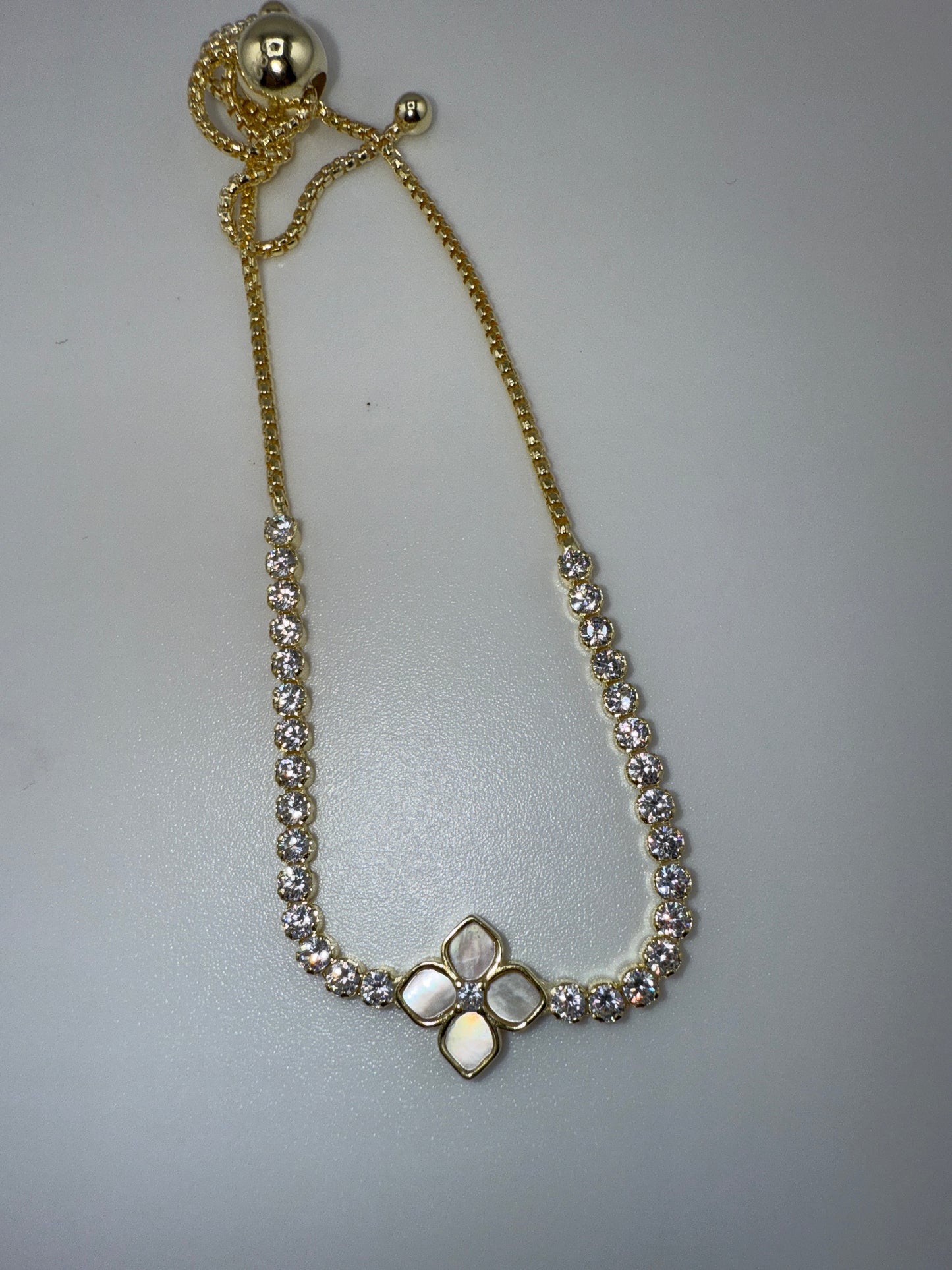 Sterling Silver Flower MOP Center, Zirconia Adjustable Bolo Bracelet - Gold Plated
