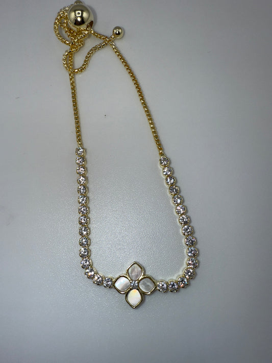Sterling Silver Flower MOP Center, Zirconia Adjustable Bolo Bracelet - Gold Plated