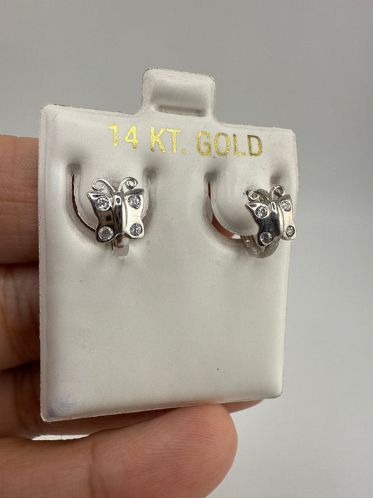 14k White Gold and Zirconia small Children’s Huggie Earrings with Butterfly detail