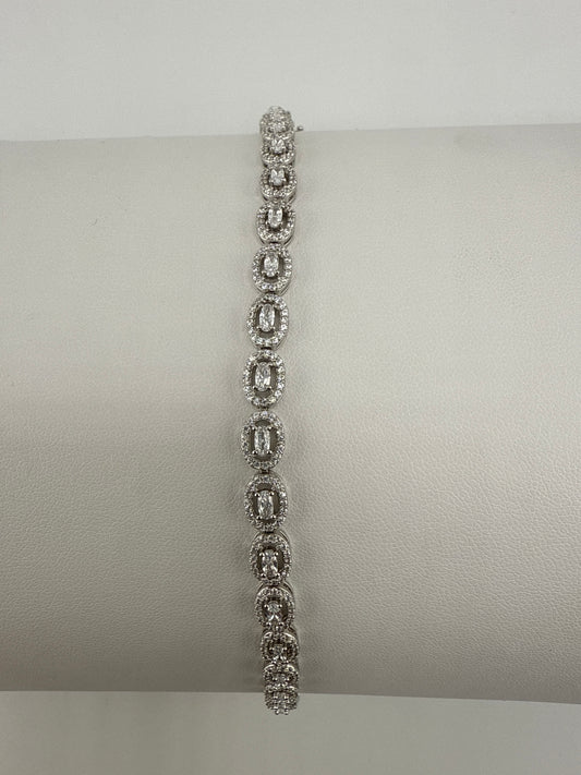 Sterling Silver Halo CZ Oval Linked Bracelet