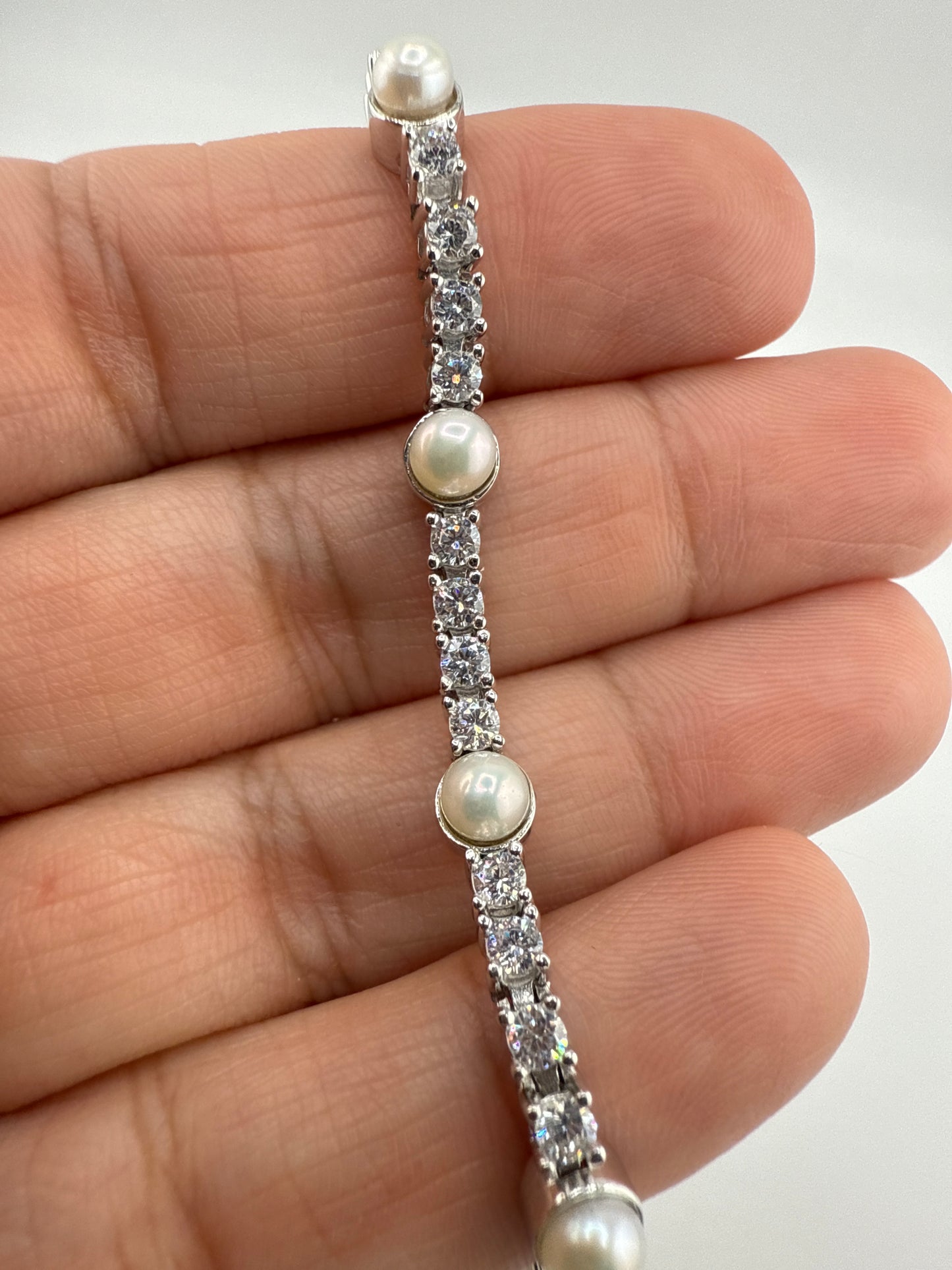 Sterling Silver, Pearl and Zirconia Tennis Bracelet