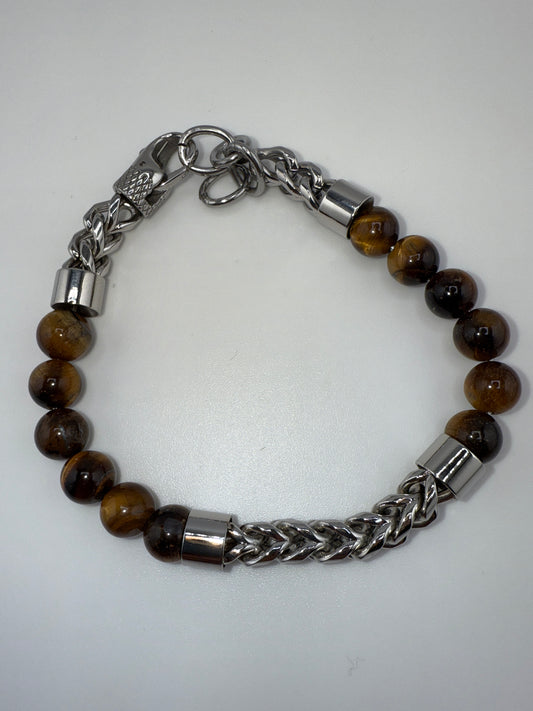Stainless Steel 8mm Genuine Bracelet Bead & Chain Bracelet - Tiger Eye