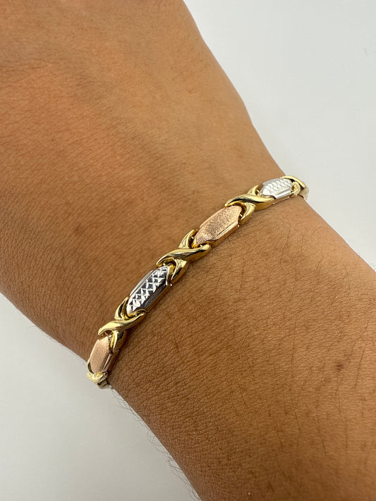 14k gold tri-color XO bracelet | yellow gold, rose gold, white gold | 7 inches
