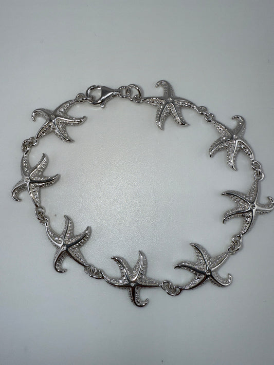 Sterling Silver Detailed Starfish Linked Bracelet