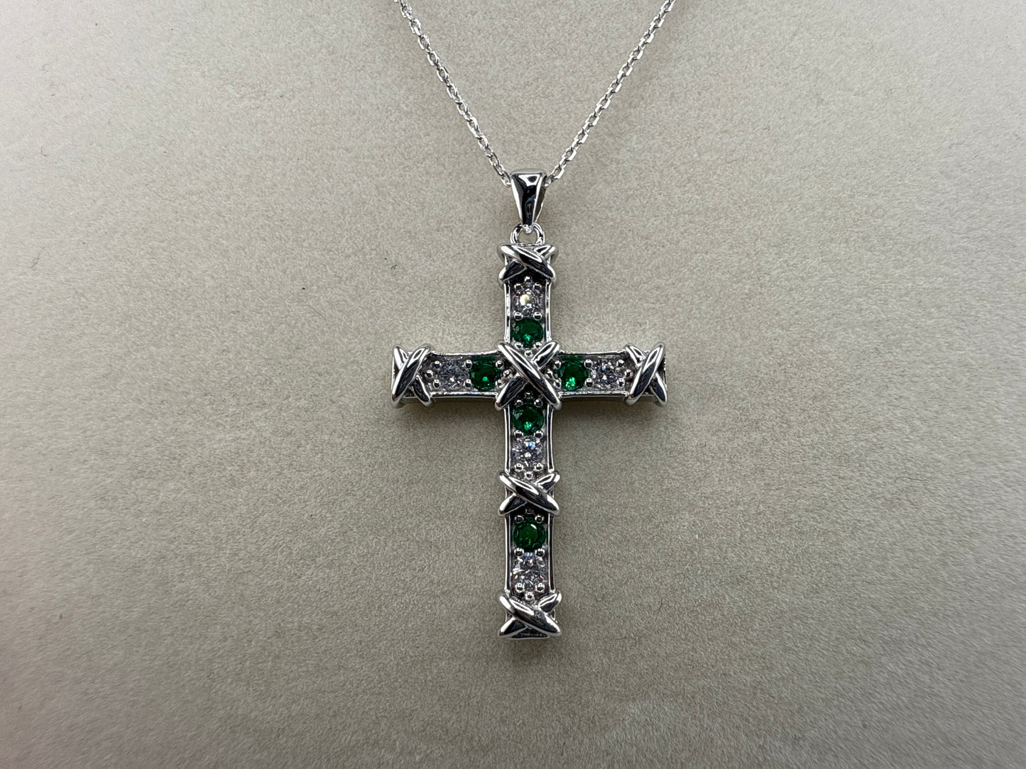 Sterling Silver Cross Necklace - Emerald and Zirconia
