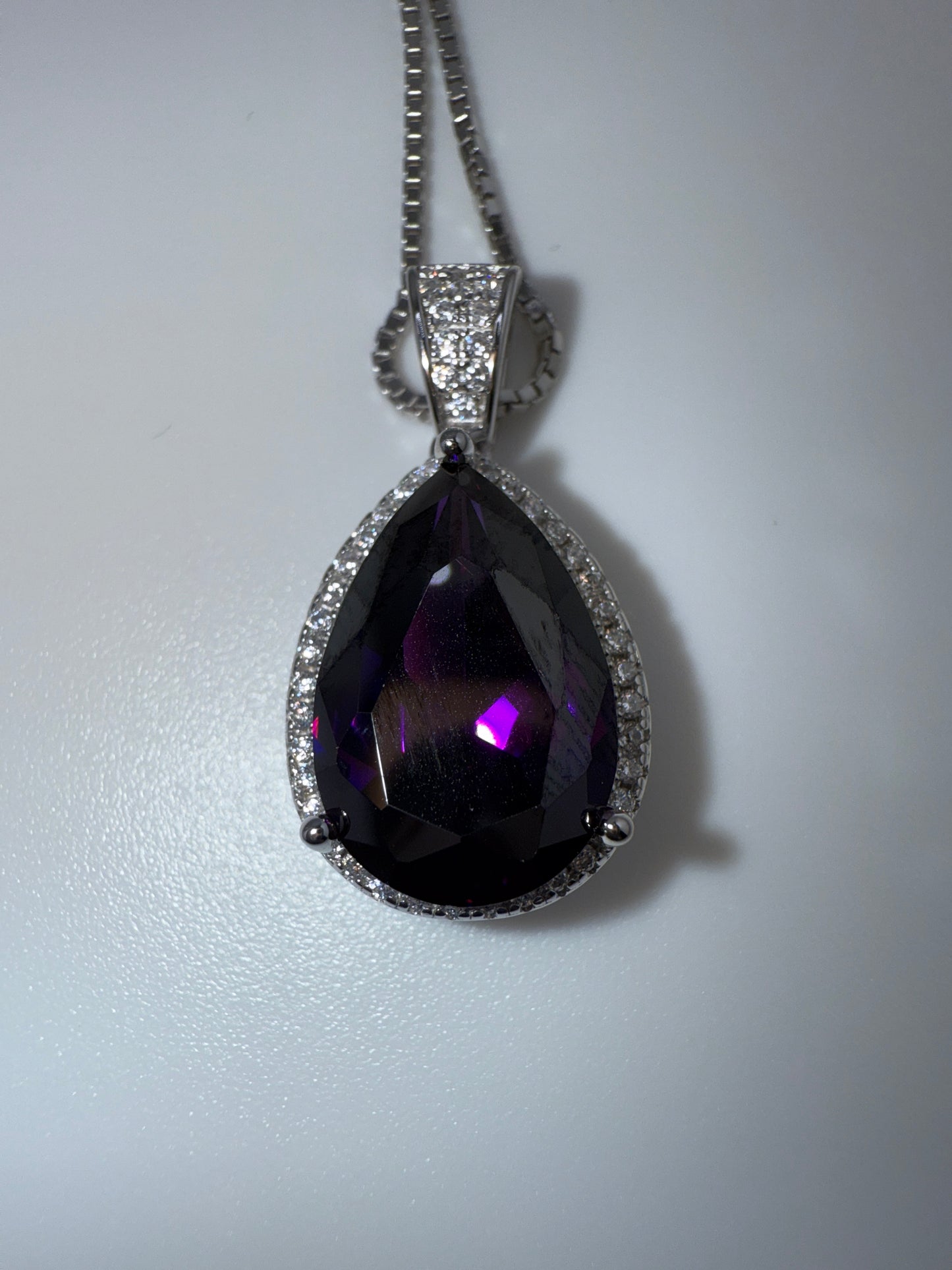 Sterling Silver Zirconia and Pear-shaped Amethyst Swarovski Element Halo Necklace with Box Chain
