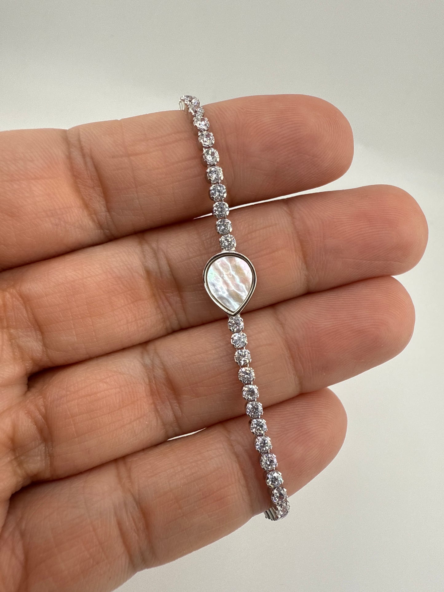 Sterling Silver, Pearshape MOP Center, Zirconia Adjustable Bolo Bracelet